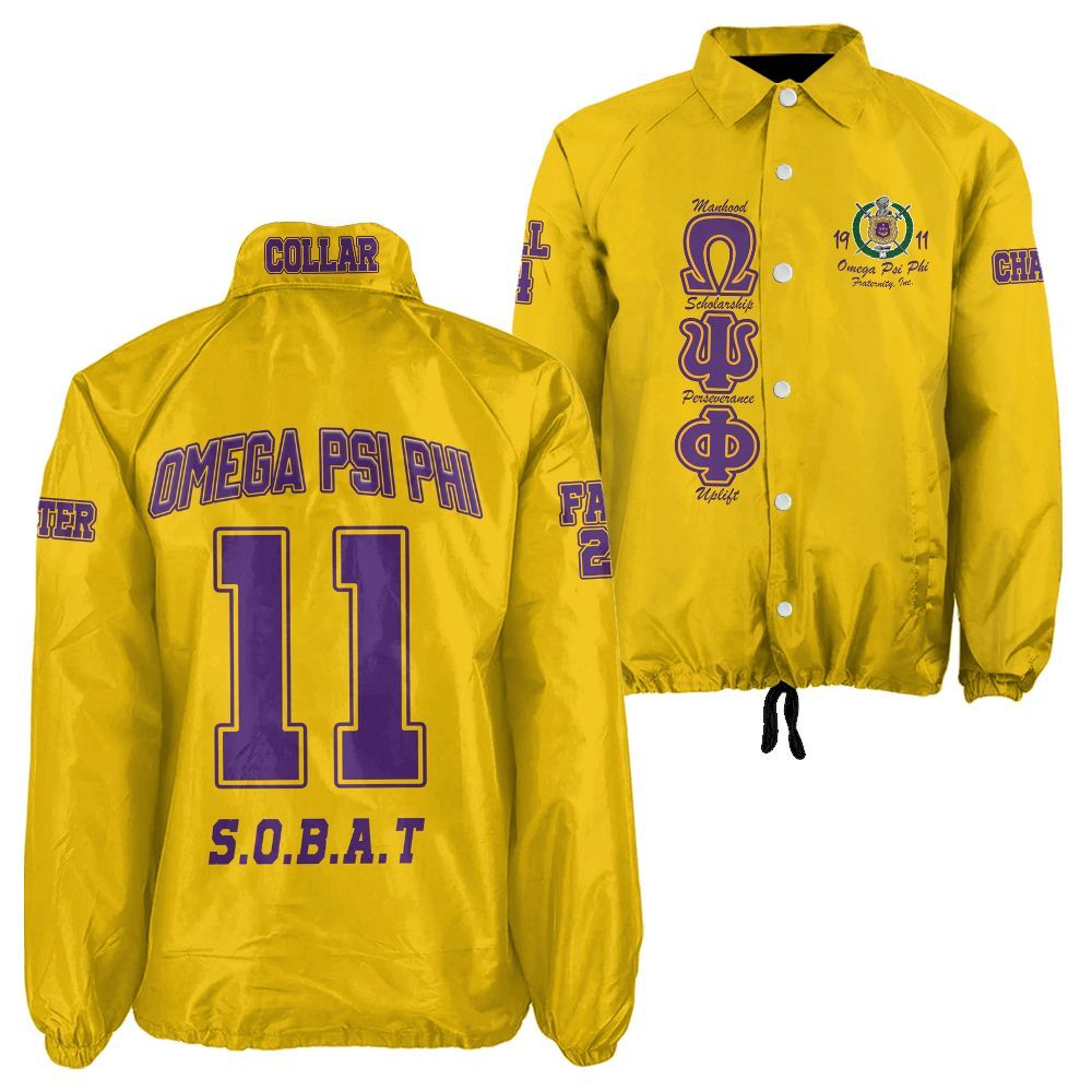 Omega Psi Phi "Golden Spirit" Coach Jacket – Custom Crest & Line Embroidered Edition (Yellow/Gold)