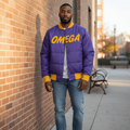 Omega Psi Phi Puffer Coat - Purple & Old Gold Nylon Fraternity