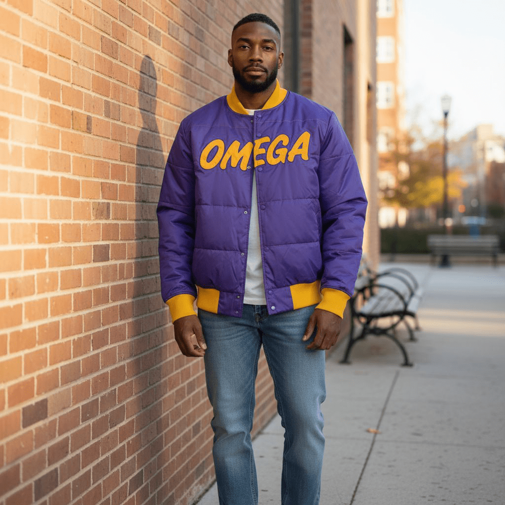 Omega Psi Phi Puffer Coat - Purple & Old Gold Nylon Fraternity