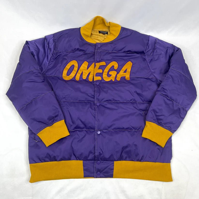 Omega Psi Phi Puffer Coat - Purple & Old Gold Nylon Fraternity