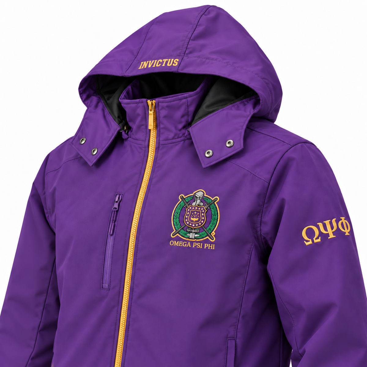 Close-up of Omega Psi Phi purple waterproof coat with embroidered chest crest, gold zipper, Greek sleeve letters and INVICTUS hood embroidery