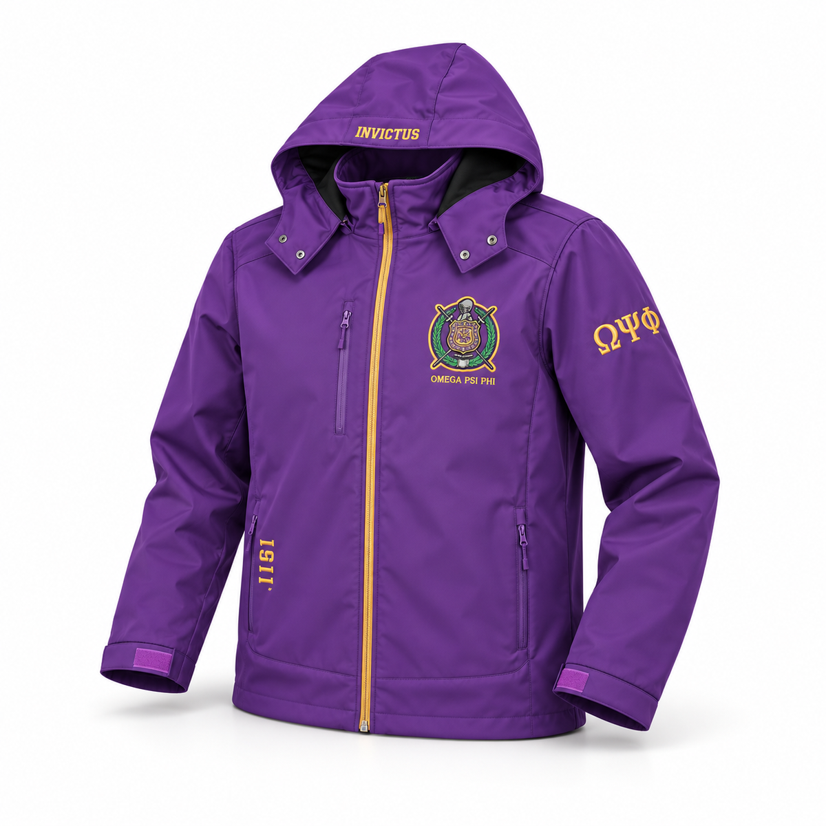 Omega Psi Phi purple waterproof hooded coat front view with gold zipper, embroidered chest crest, Greek letters on sleeve and INVICTUS on hood
