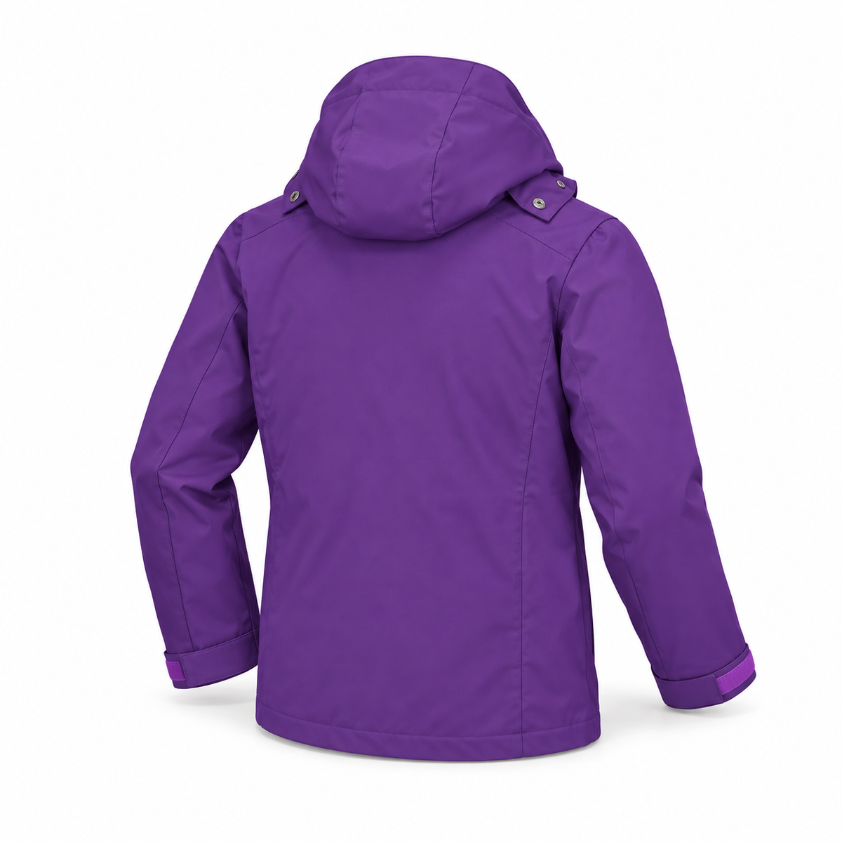 Plain back view of Omega Psi Phi purple waterproof hooded coat showing the hood, long sleeves and adjustable cuffs