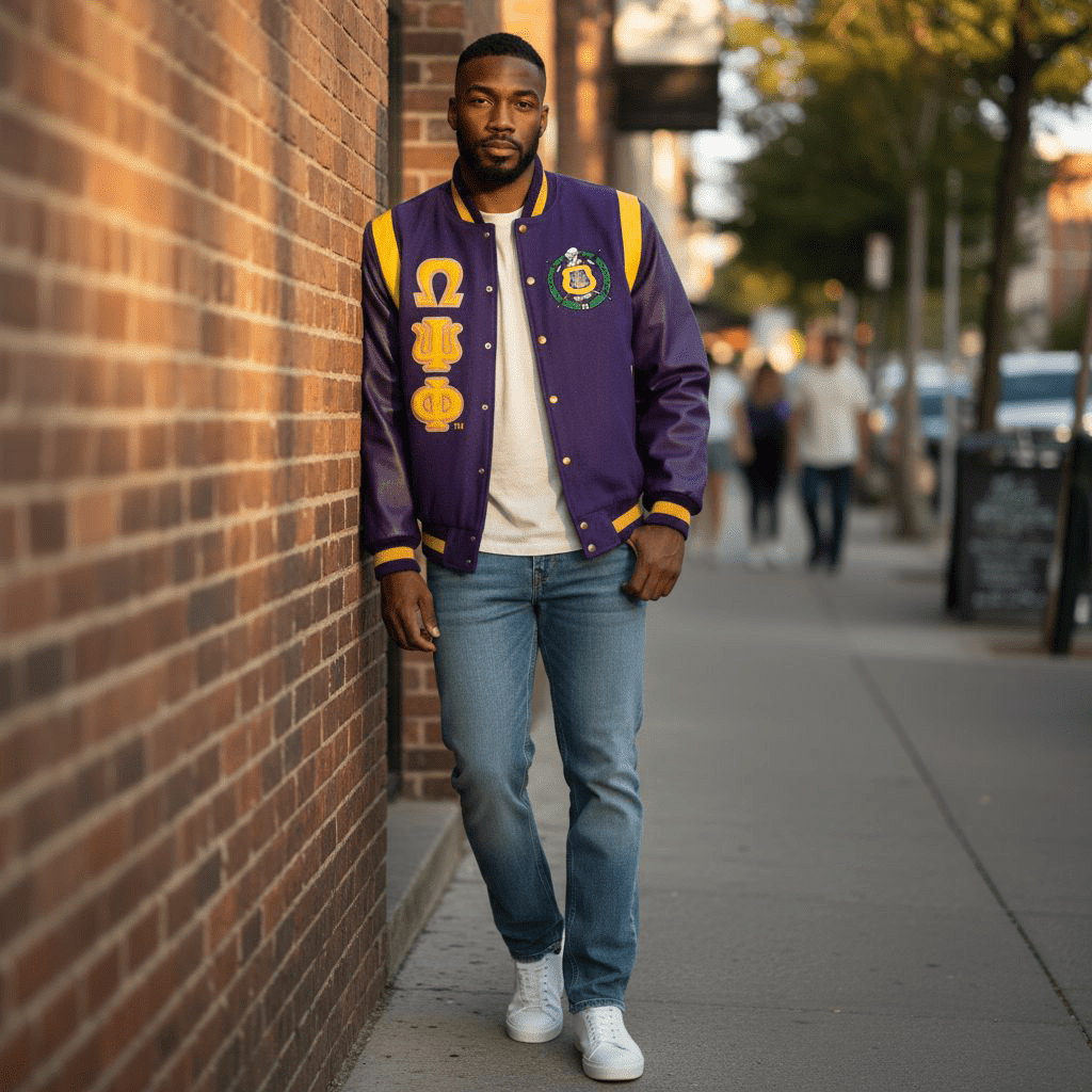 Omega Psi Phi Varsity Letterman Jacket - 100% Cashmere Wool & Leather Fraternity