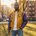 Omega Psi Phi Varsity Letterman Jacket - Old Gold Wool Custom Lining Embroidered Logos Fraternity