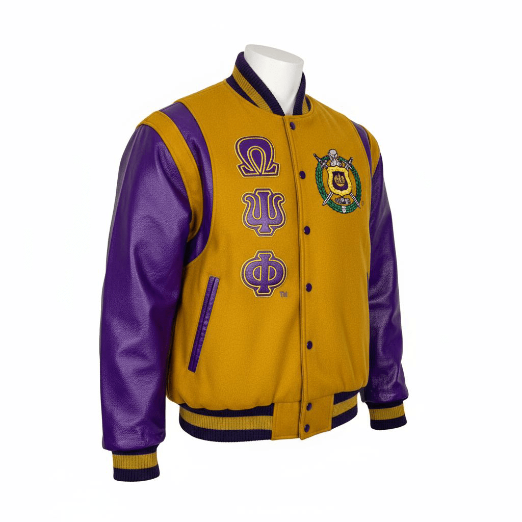 Omega Psi Phi Varsity Letterman Jacket - Old Gold Wool Custom Lining Embroidered Logos Fraternity