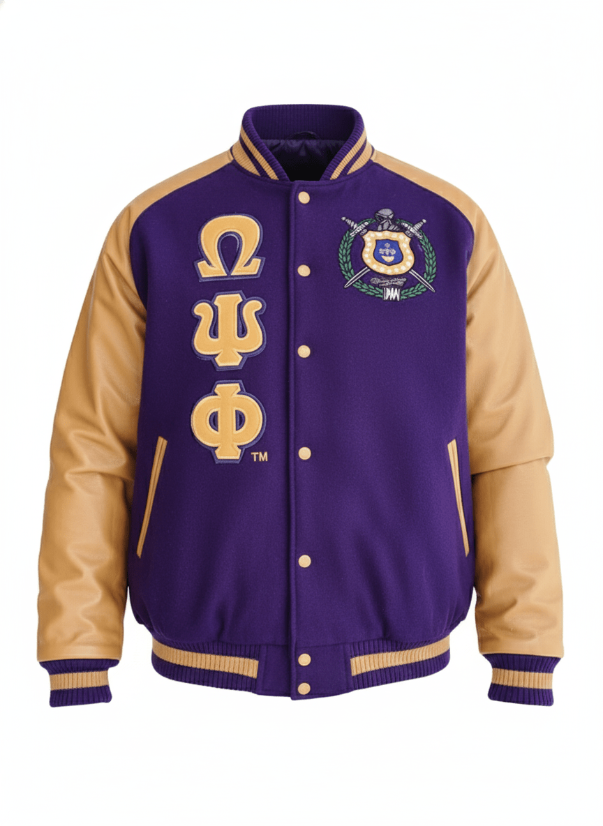 Omega Psi Phi Varsity Letterman Jacket - Wool Custom Lining Embroidered Logos Fraternity