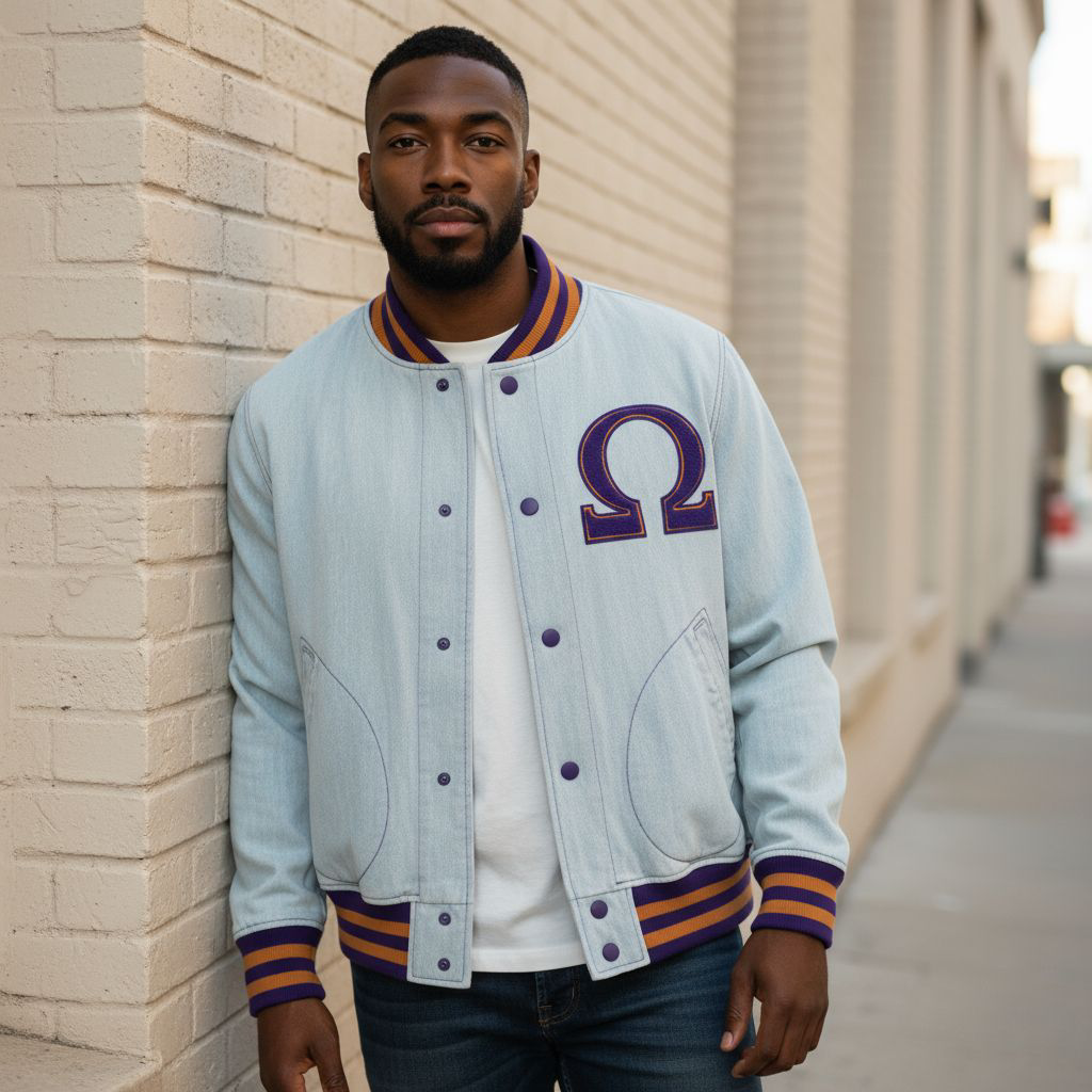 Stylish light wash denim jacket with chenille embroidery and purple stitching — Omega premium streetwear fashion