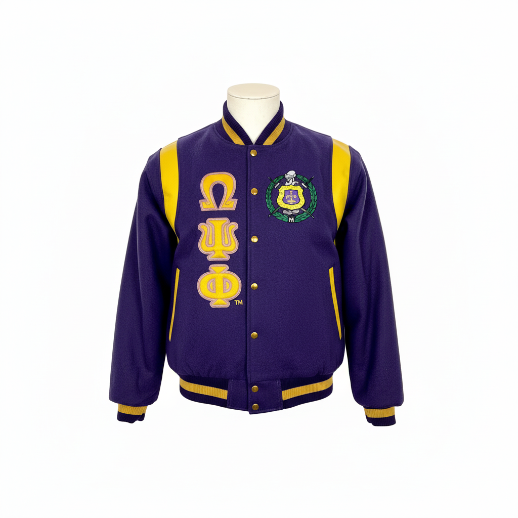 Purple and yellow letterman jacket with Omega Psi Phi symbols on a white background