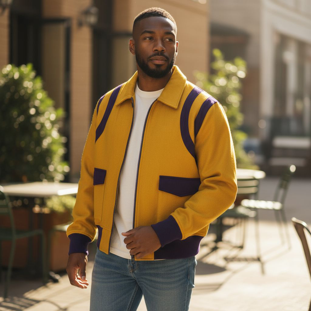“Model wearing Old Gold and Purple Wool Jacket — timeless, minimal, and stylish outerwear.”