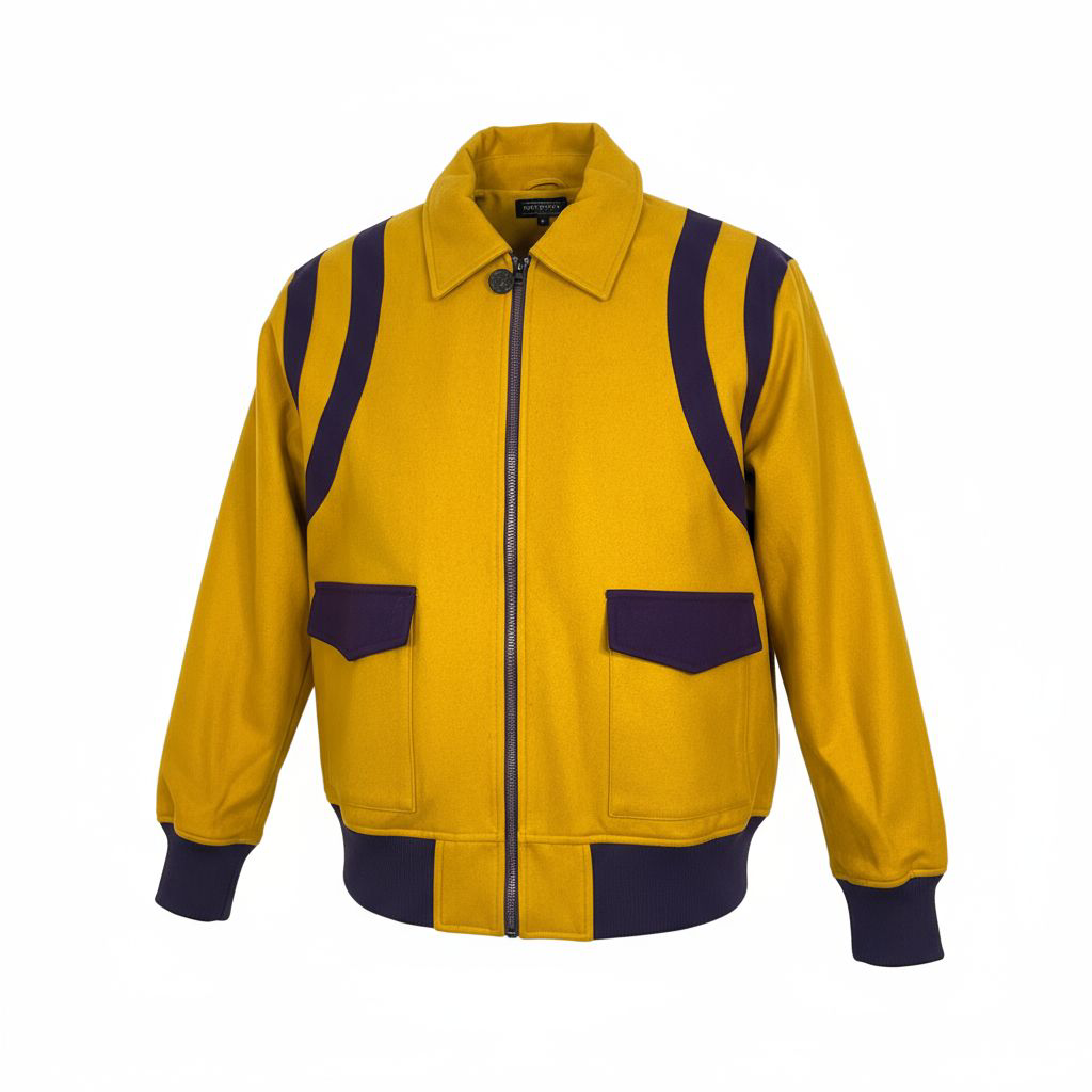 Yellow jacket with purple accents on a white background