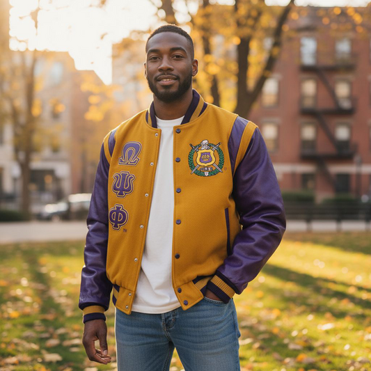 “Model wearing Omega Old Gold Wool Letterman Jacket — stylish fraternity jacket with smooth satin lining.”
