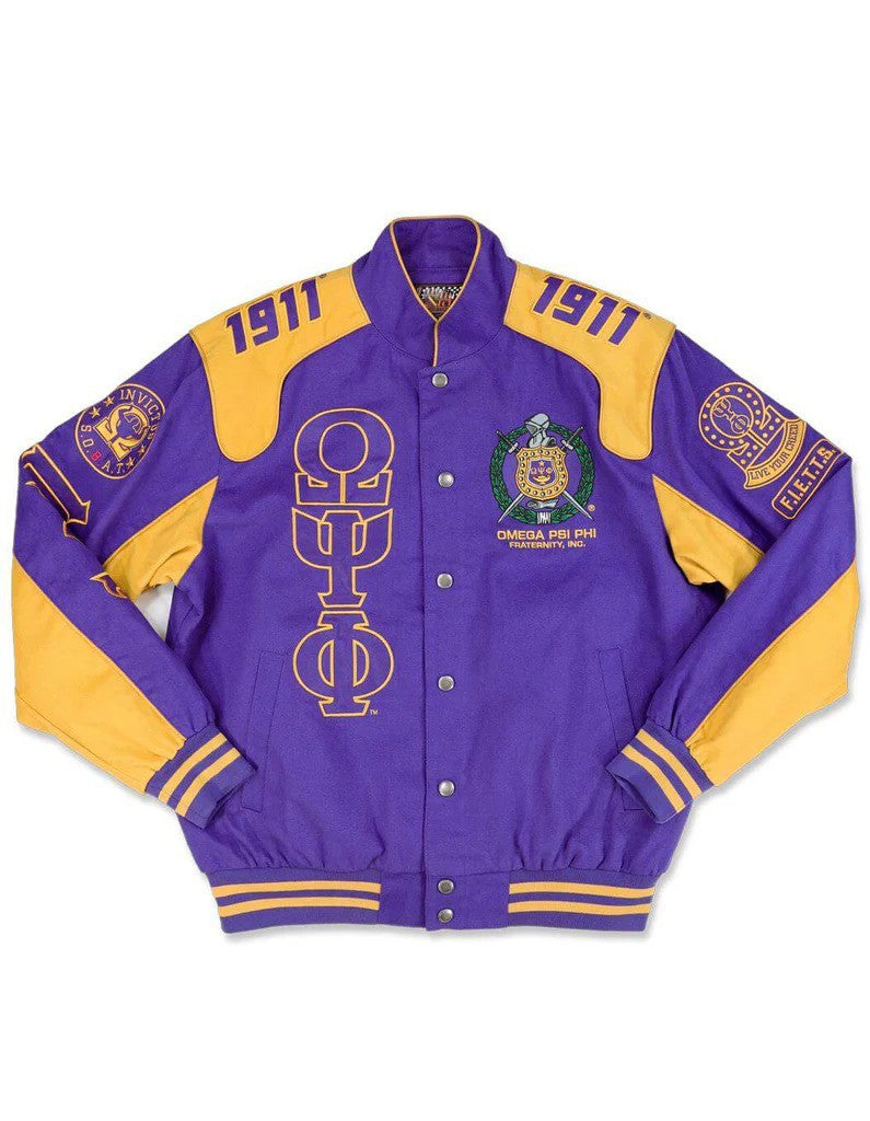 Purple and yellow letterman jacket with Omega Psi Phi symbols and text on a white background