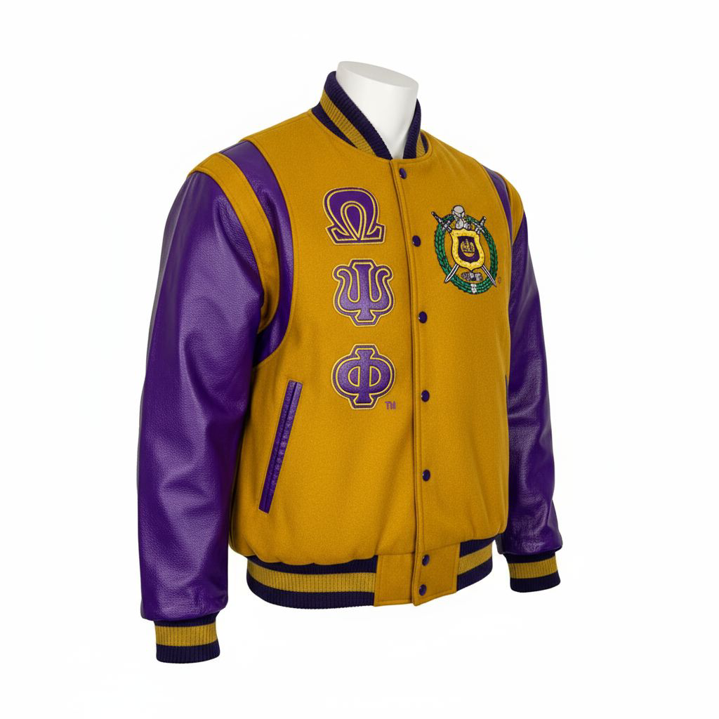 Yellow and purple varsity jacket with logos on a white background