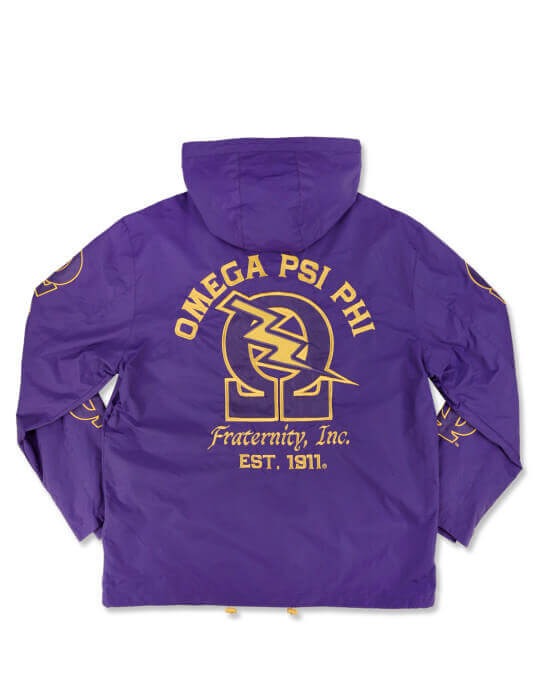 Back view of the OMEGA windbreaker showing the large, prominent Omega Symbol logo centered on the back. Lightweight, water-resistant fraternity jacket.
