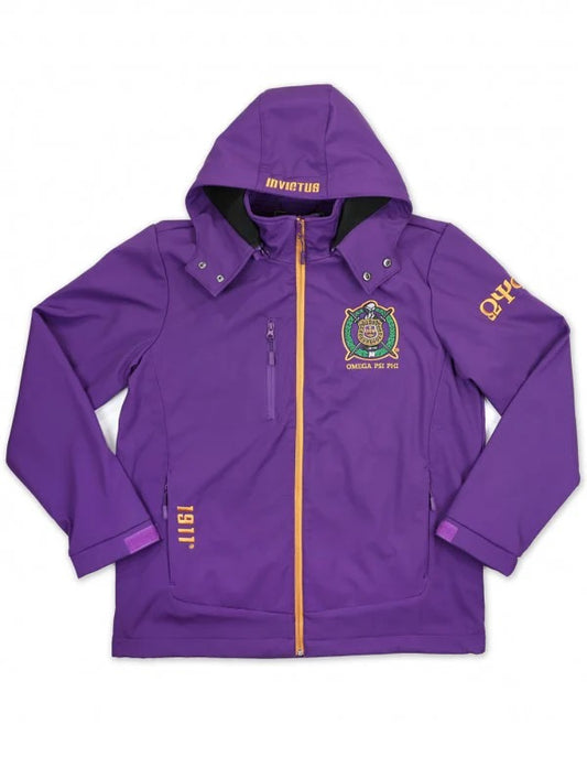 Purple jacket with orange zipper and Omega Psi Phi logo on a white background