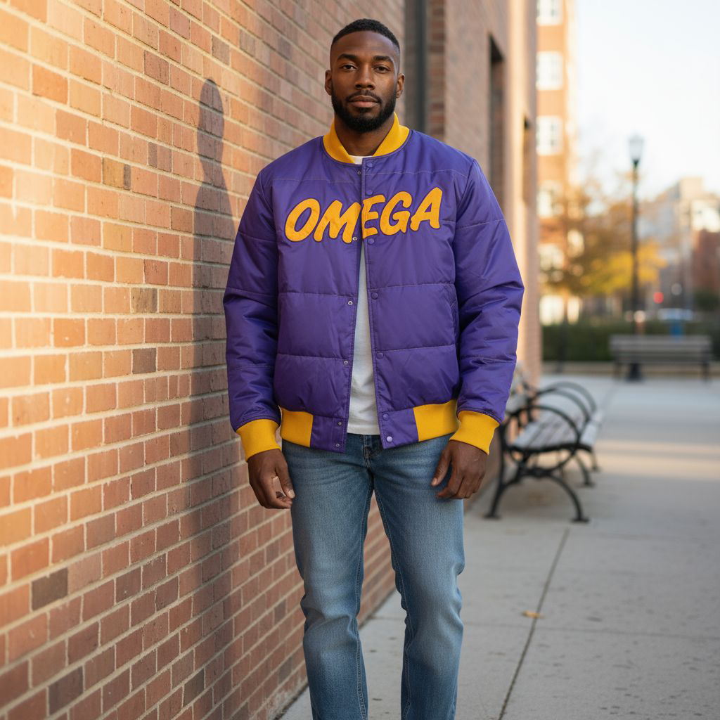 “Front view of Omega Puffer Coat in purple and old gold — durable nylon with warm insulated puffer design.”