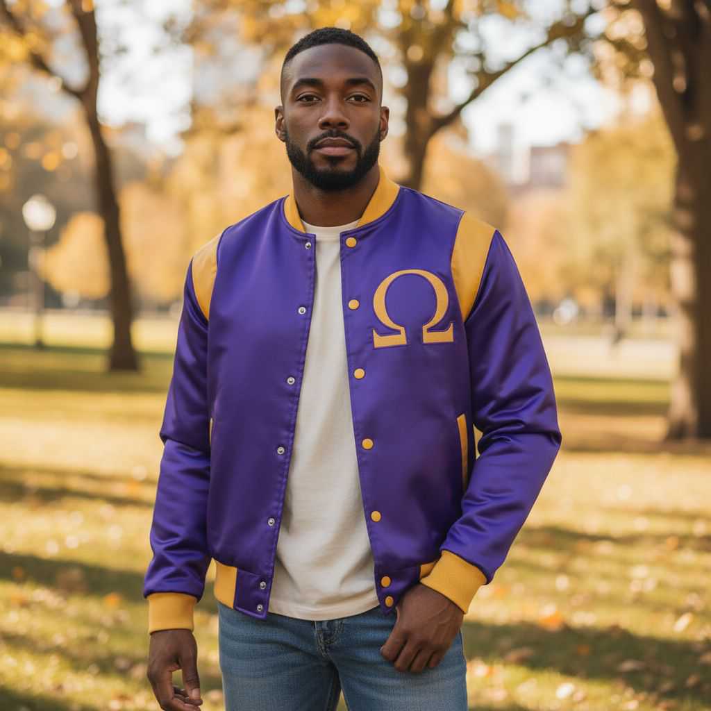 “Model wearing Omega Psi Phi Bomber Jacket with sleek satin finish and purple-gold colorway.”