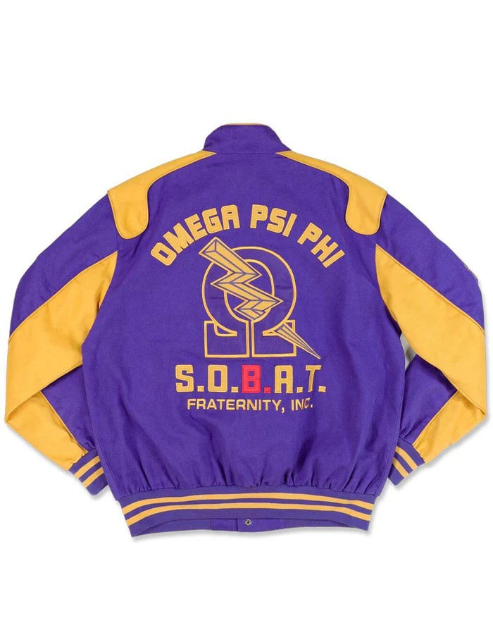 Purple and yellow jacket with Omega Psi Phi S.O.B.A.T. Fraternity, Inc. logo on a white background