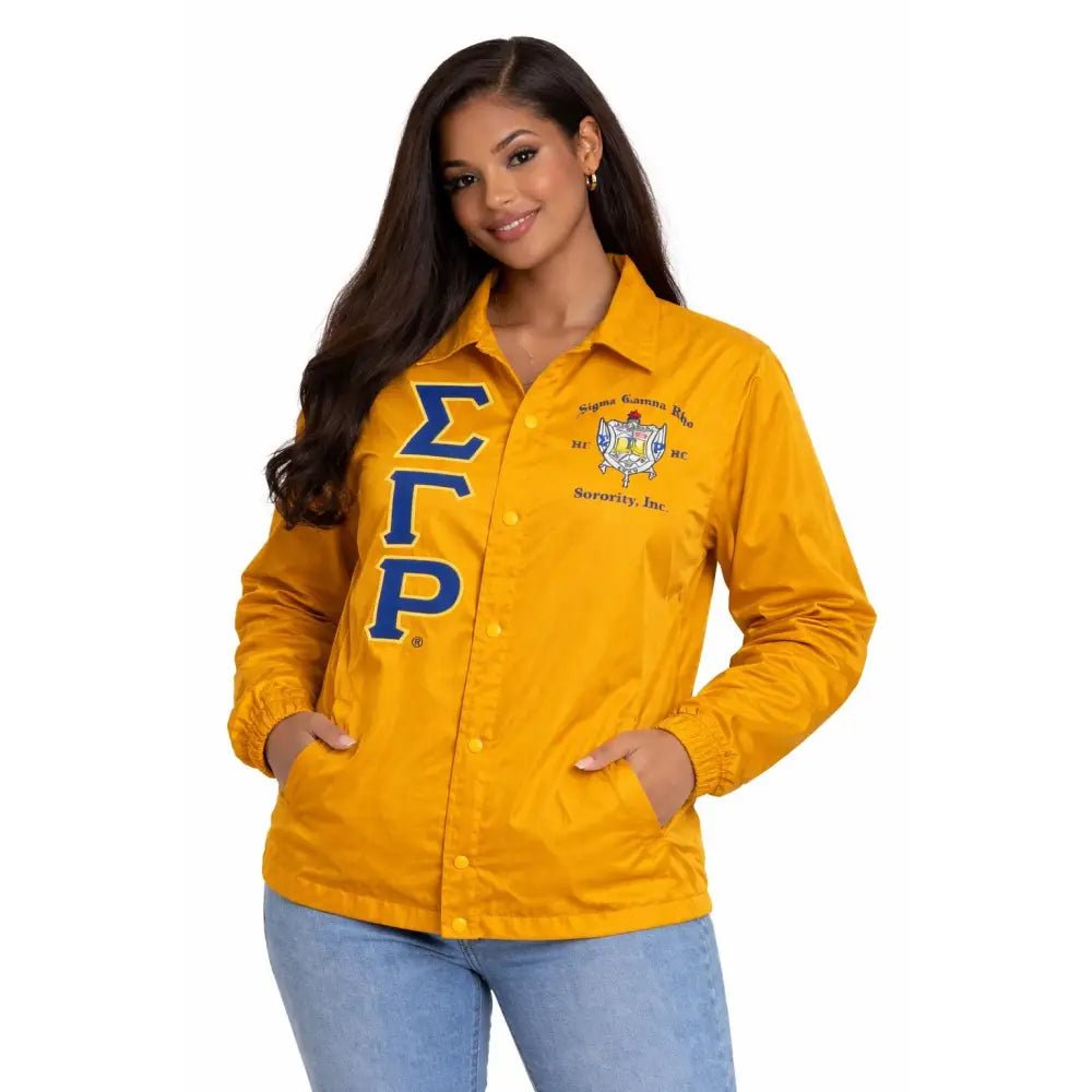 Personalized Gold Sigma Gamma Rho Coach Jacket, Custom Line Jacket, Crossing Jacket, Sorority Windbreaker Line Name & Number