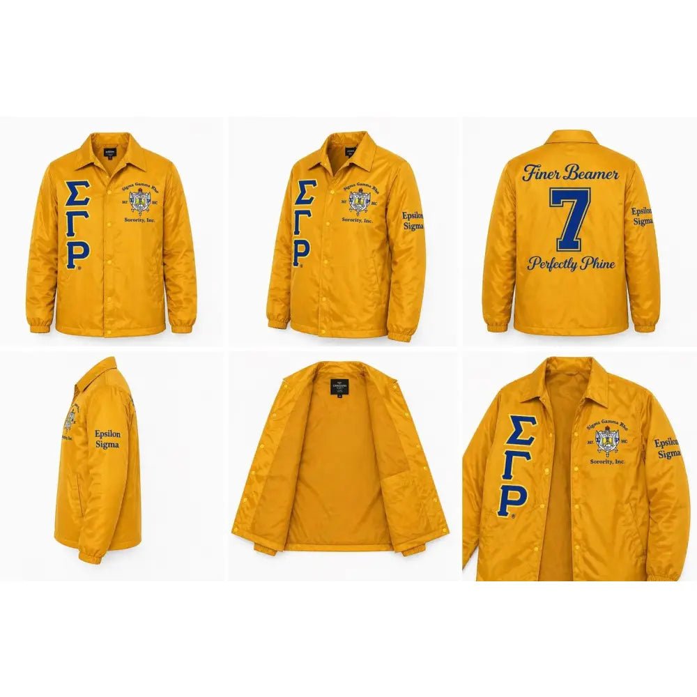 Personalized Gold Sigma Gamma Rho Coach Jacket, Custom Line Jacket, Crossing Jacket, Sorority Windbreaker Line Name & Number