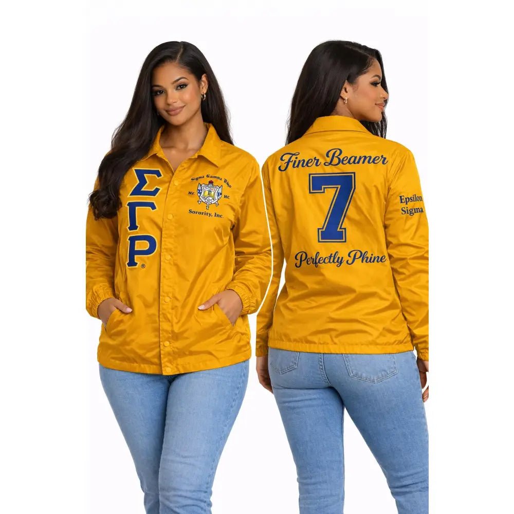 Personalized Gold Sigma Gamma Rho Coach Jacket, Custom Line Jacket, Crossing Jacket, Sorority Windbreaker Line Name & Number