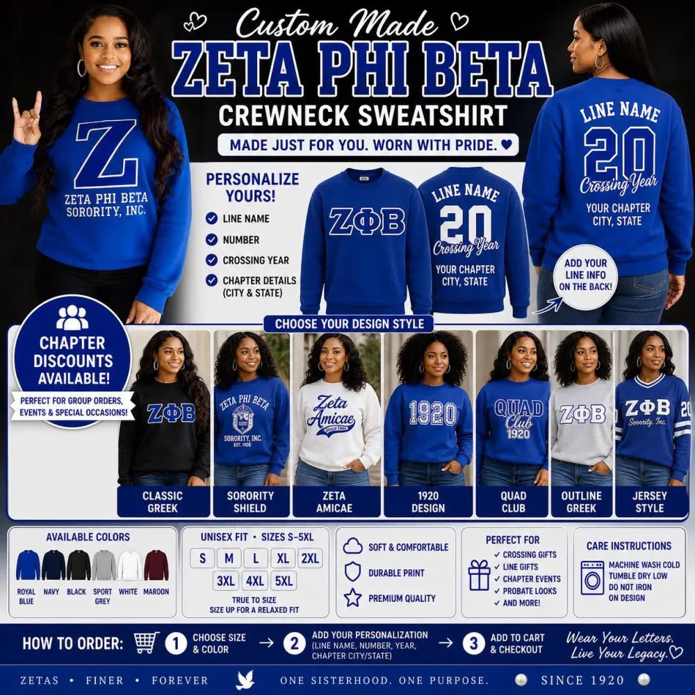 Personalized Zeta Phi Beta Crewneck Sweatshirt Embroidered Sorority Sweatshirt Finer Woman 1920 ZPB Cotton Custom Chapter Order Discount