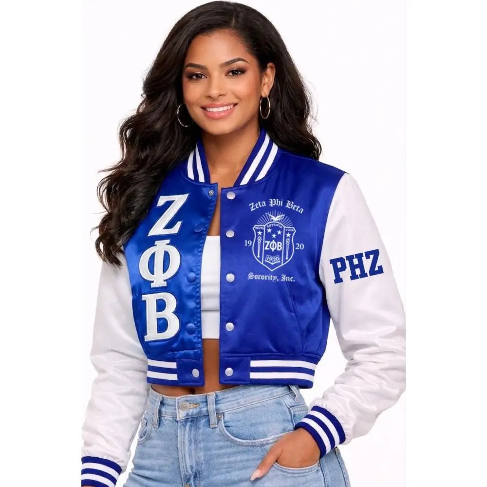 Personalized Zeta Phi Beta Cropped Satin Bomber Jacket | Custom D9