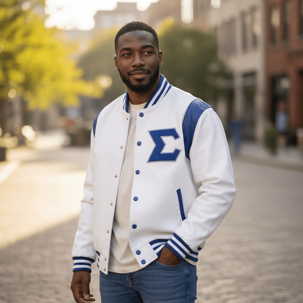 Phi Beta Sigma Bomber Jacket - White & Blue Fraternity
