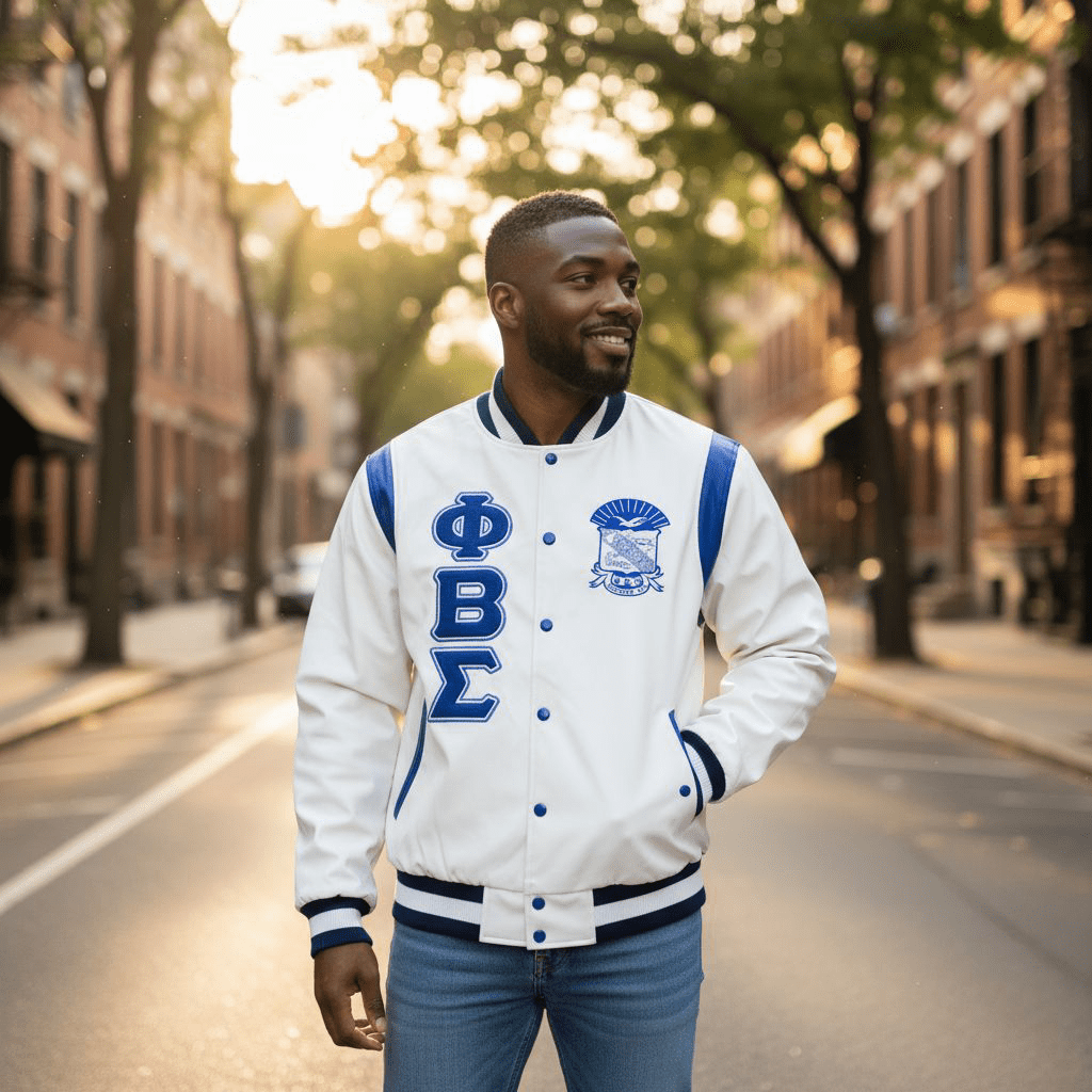 Phi Beta Sigma Varsity Letterman Jacket - White Wool 100% Cashmere Leather Shoulders Fraternity