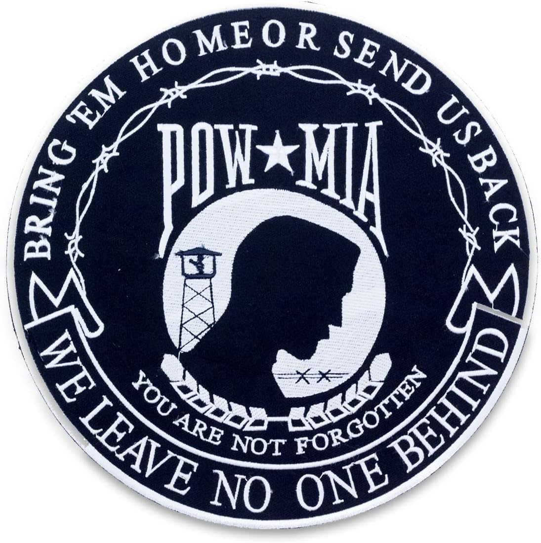 POW MIA We Leave No One Behind Center Back Patch - Black Round Veteran for Biker Vest Jacket