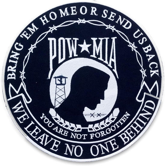 POW MIA We Leave No One Behind Center Back Patch - Black Round Veteran for Biker Vest Jacket