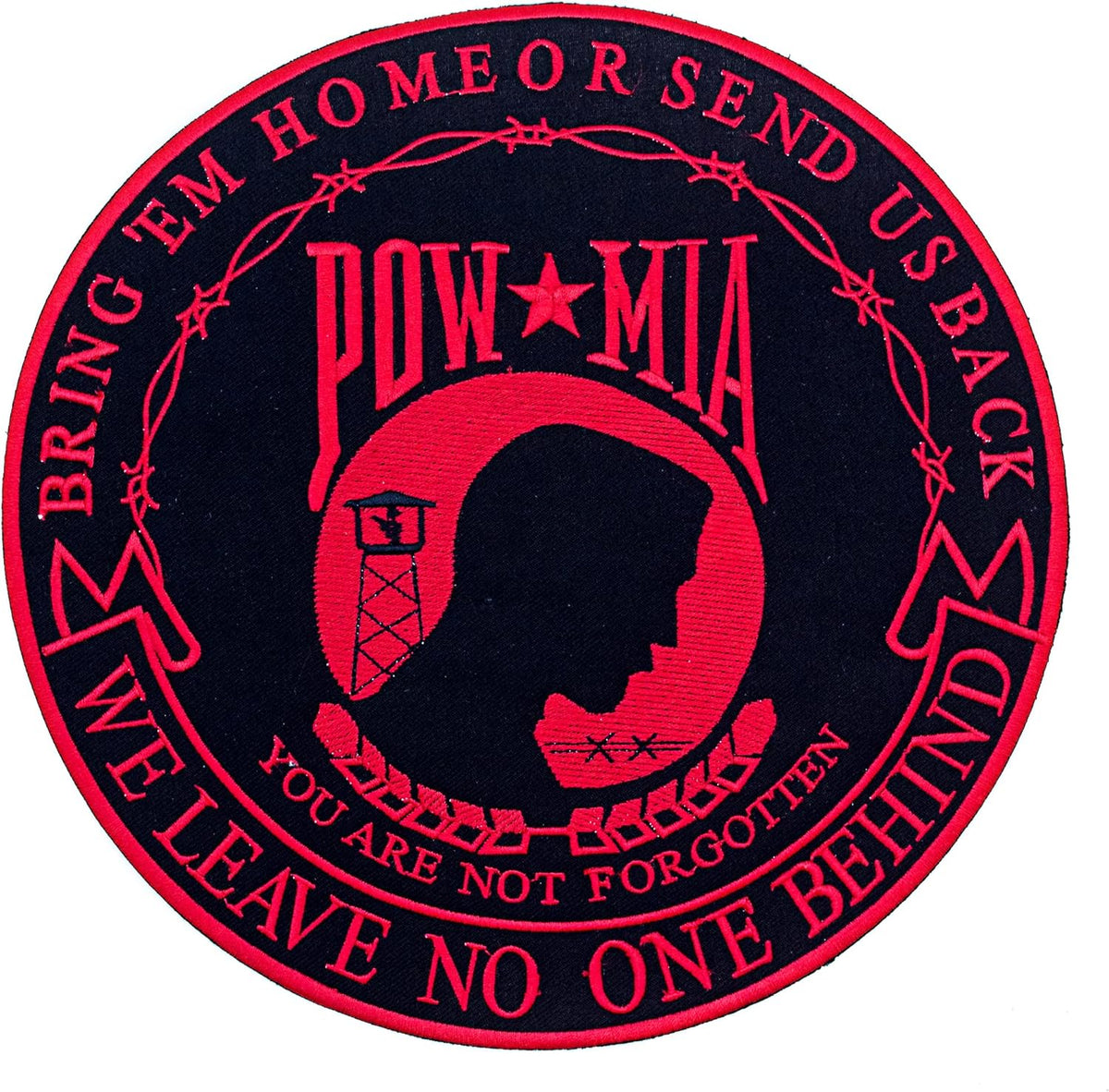 POW MIA We Leave No One Behind Center Back Patch - Red Round Veteran for Biker Vest Jacket