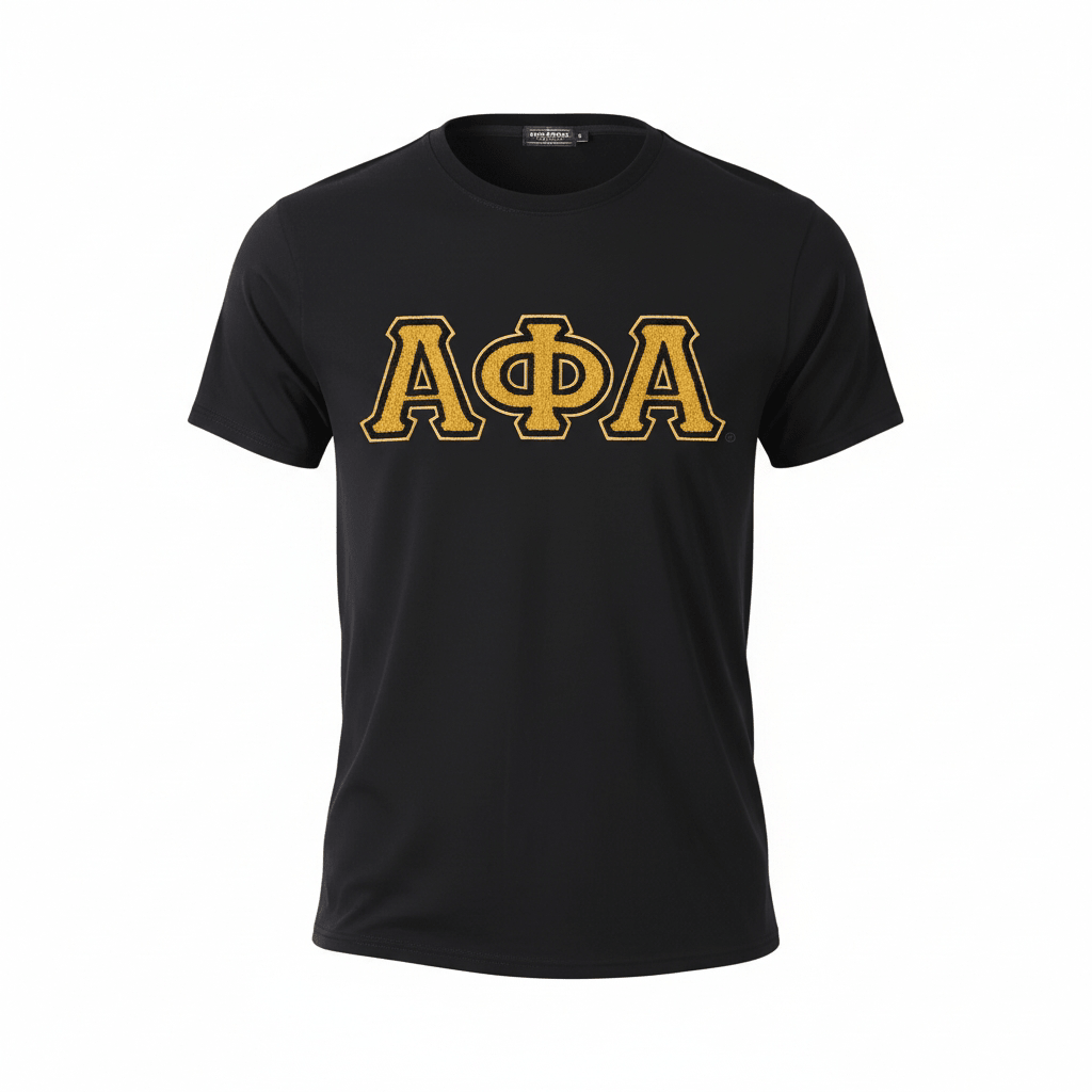 Premium Alpha Black Chenille T-Shirt 5 - Pack – Luxury 3D Stitched Old Gold Letter Bundle (True to Size)