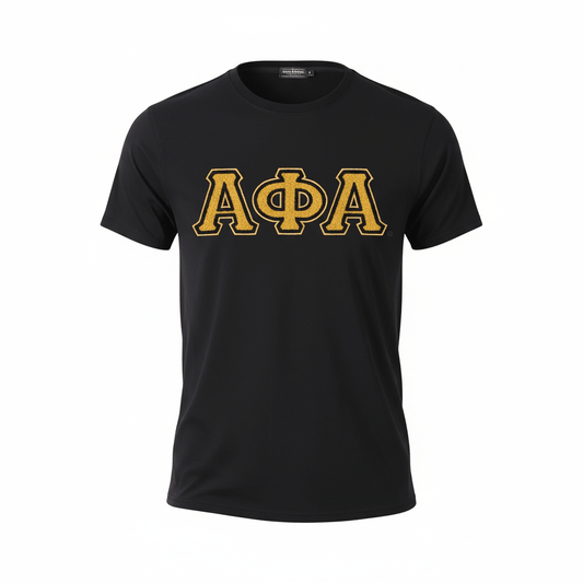 Premium Alpha Black Chenille T-Shirt 5 - Pack – Luxury 3D Stitched Old Gold Letter Bundle (True to Size)