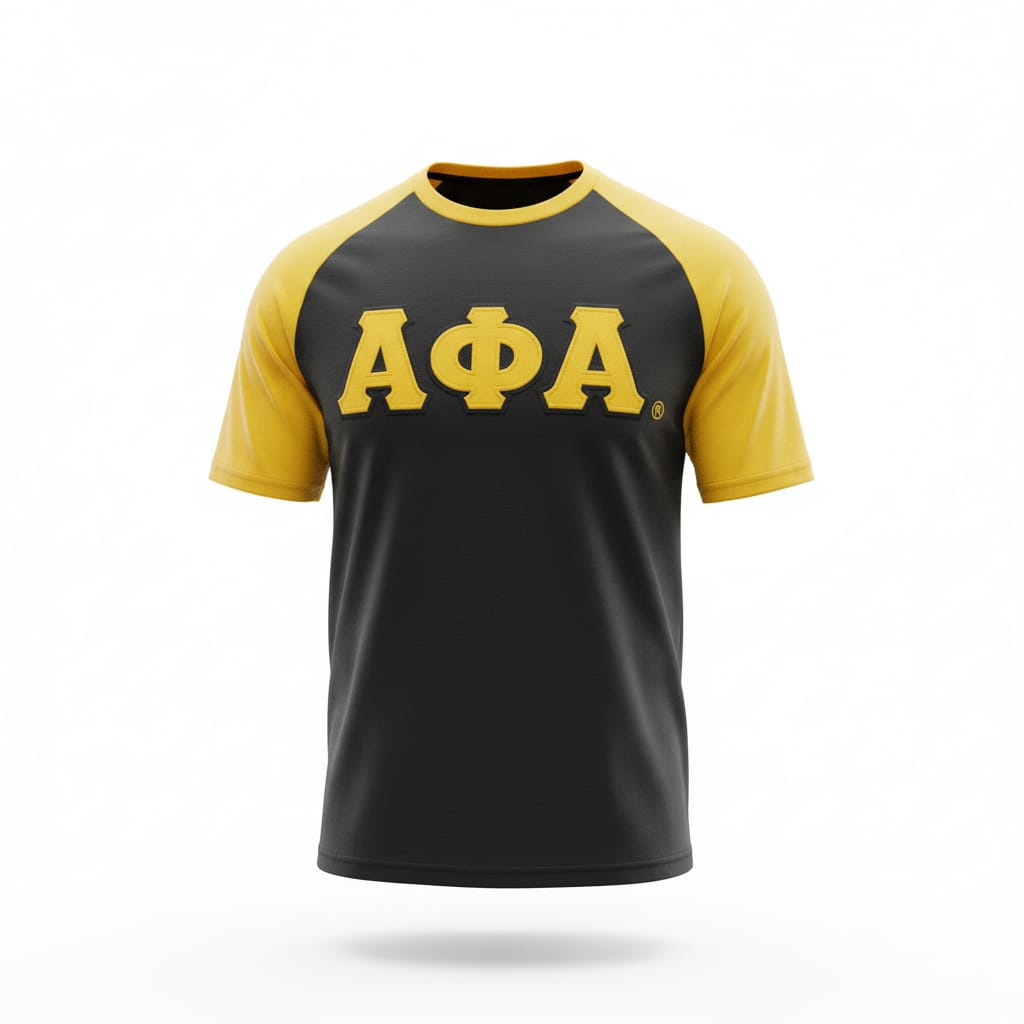 Premium Alpha Black & Old Gold Raglan T-Shirt 5 - Pack – Luxury Embroidered Athletic Greek Letter Bundle (True to Size)