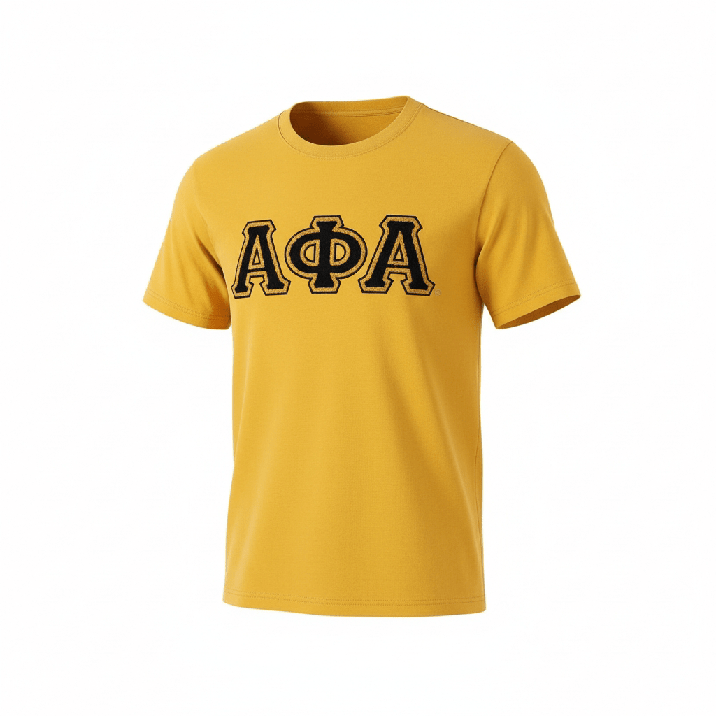 Premium Alpha Old Gold Chenille T-Shirt 5 - Pack – Luxury 3D Stitched Cotton Greek Letter Bundle (True to Size)