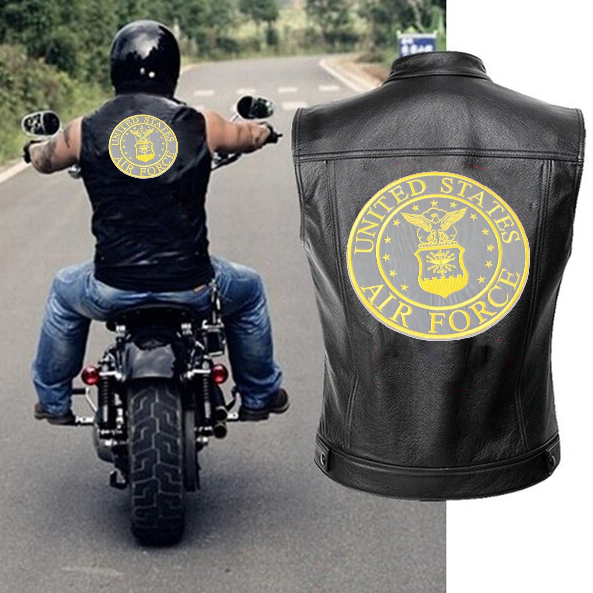 Reflective US Air Force Center Back Patch - Yellow Round Military Veteran for Biker Vest Jacket