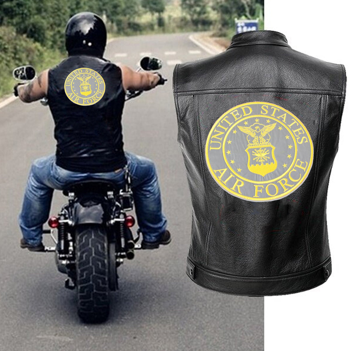 Reflective US Air Force Center Back Patch - Yellow Round Military Veteran for Biker Vest Jacket