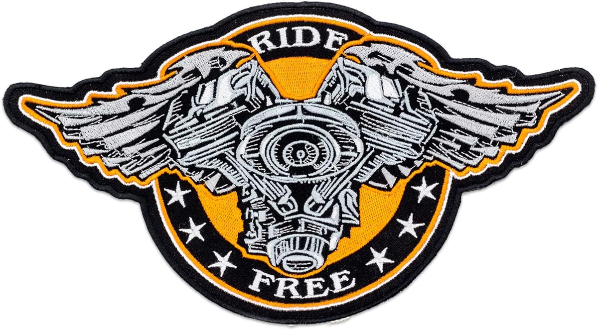 Ride Free Winged V - Twin Center Back Patch - Motorcycle Engine for Biker Vest Jacket