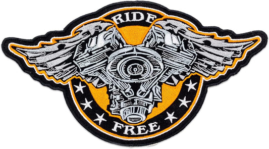 Ride Free Winged V - Twin Center Back Patch - Motorcycle Engine for Biker Vest Jacket
