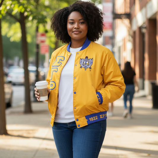 Sigma Gamma Rho SGRho Bomber Jacket Gold Satin - Custom Ribbon & Lining Sorority