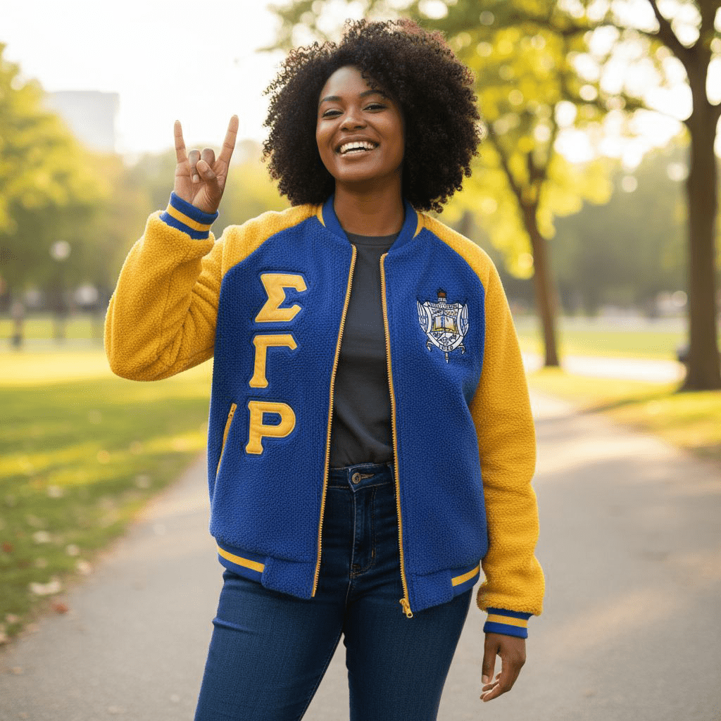 Sigma Gamma Rho SGRho Reversible Sherpa Bomber Jacket - Dual - Sided Design Sorority