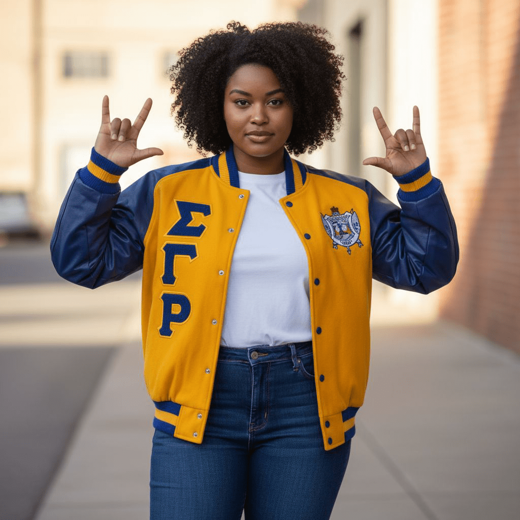 Sigma Gamma Rho SGRho Varsity Letterman Jacket - Gold Wool & Leather Sorority