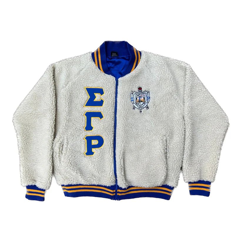 Sigma Gamma Rho Sherpa Bomber Jacket - Soft Sherpa Embroidered Logos Sorority