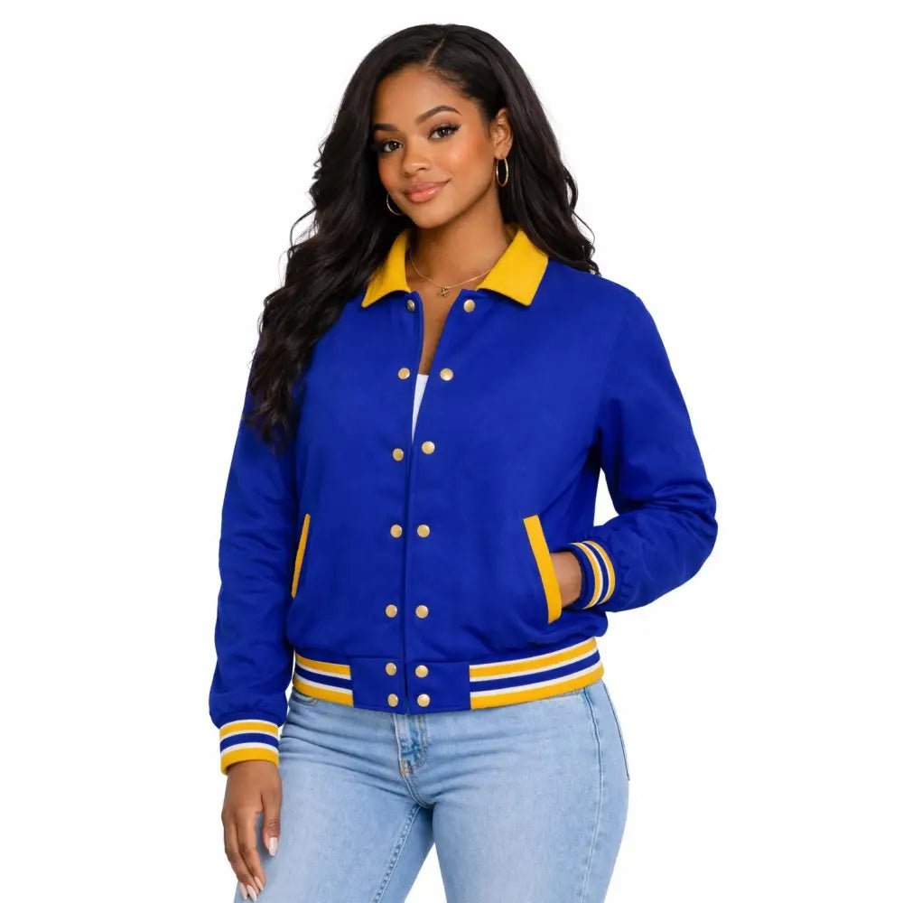 Sigma Gamma Rho Varsity Jacket Women, Custom Line Jacket Crossing Jacket, Personalized Sorority Jacket Blue Gold Custom Sorority Apparel