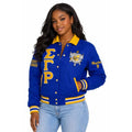 Sigma Gamma Rho Varsity Jacket Women, Custom Line Jacket Crossing Jacket, Personalized Sorority Jacket Blue Gold Custom Sorority Apparel