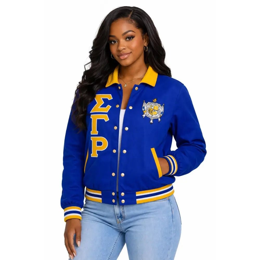 Sigma Gamma Rho Varsity Jacket Women, Custom Line Jacket Crossing Jacket, Personalized Sorority Jacket Blue Gold Custom Sorority Apparel
