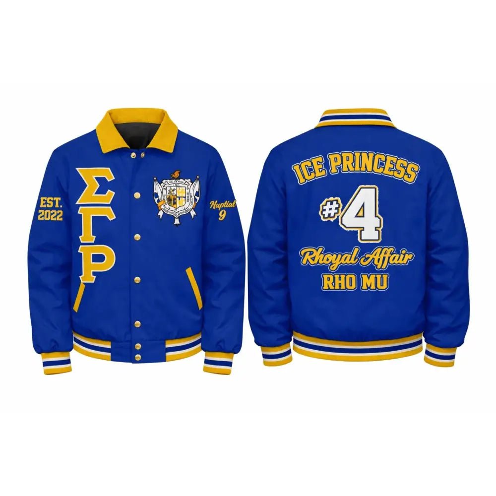 Sigma Gamma Rho Varsity Jacket Women, Custom Line Jacket Crossing Jacket, Personalized Sorority Jacket Blue Gold Custom Sorority Apparel