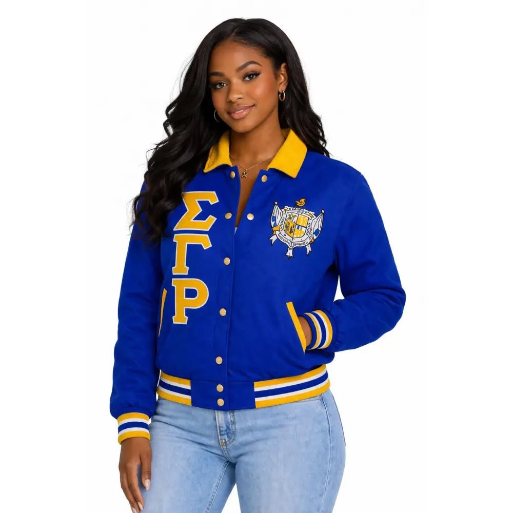 Sigma Gamma Rho Varsity Jacket Women, Custom Line Jacket Crossing Jacket, Personalized Sorority Jacket Blue Gold Custom Sorority Apparel